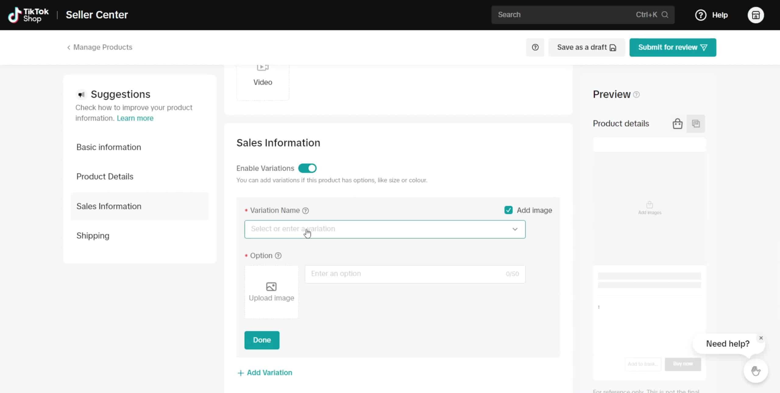 Adding product variations on Tiktok shop