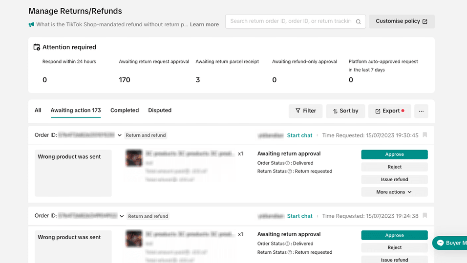 Handle returns refunds on Tiktok Shop