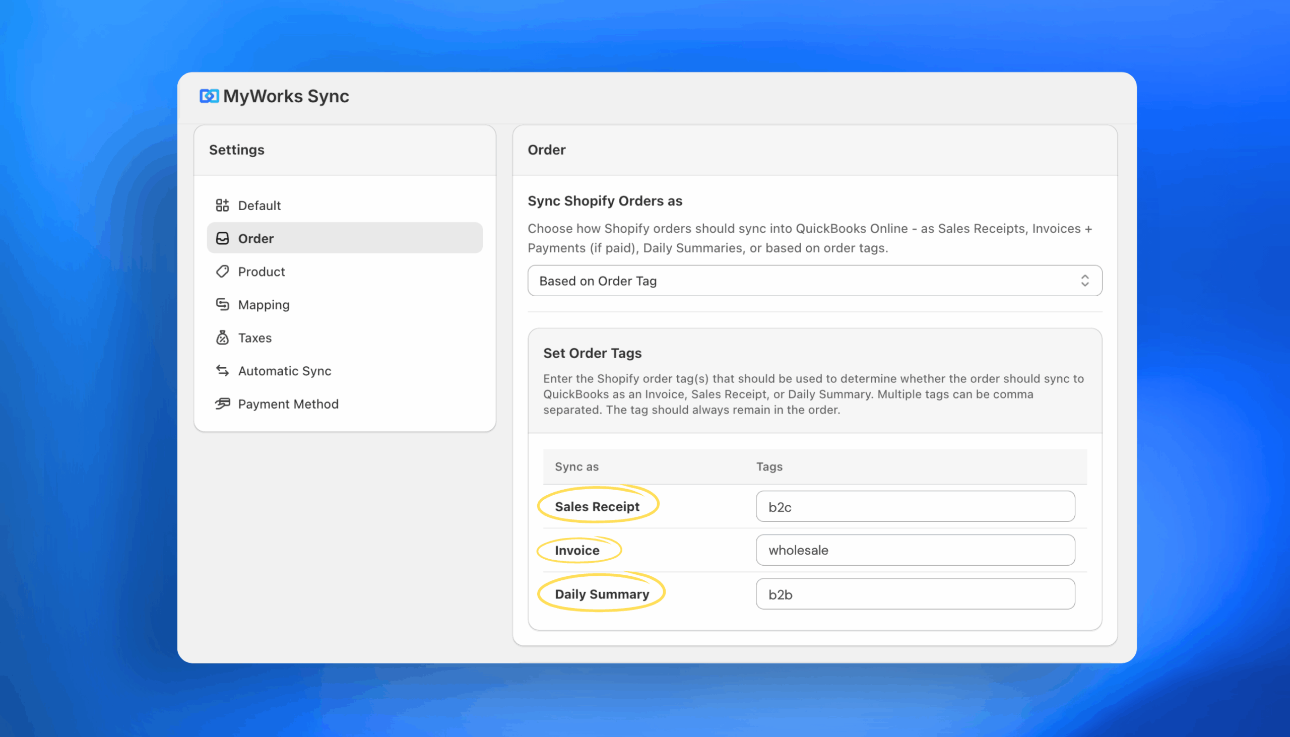 MyWorks Order tag Settings
